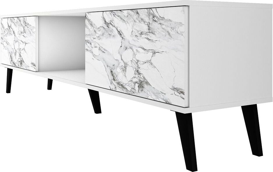 Manhattan Comfort TV & Media Units - Doyers 70.87 Mid-Century Modern TV Stand in White & Marble Stamp