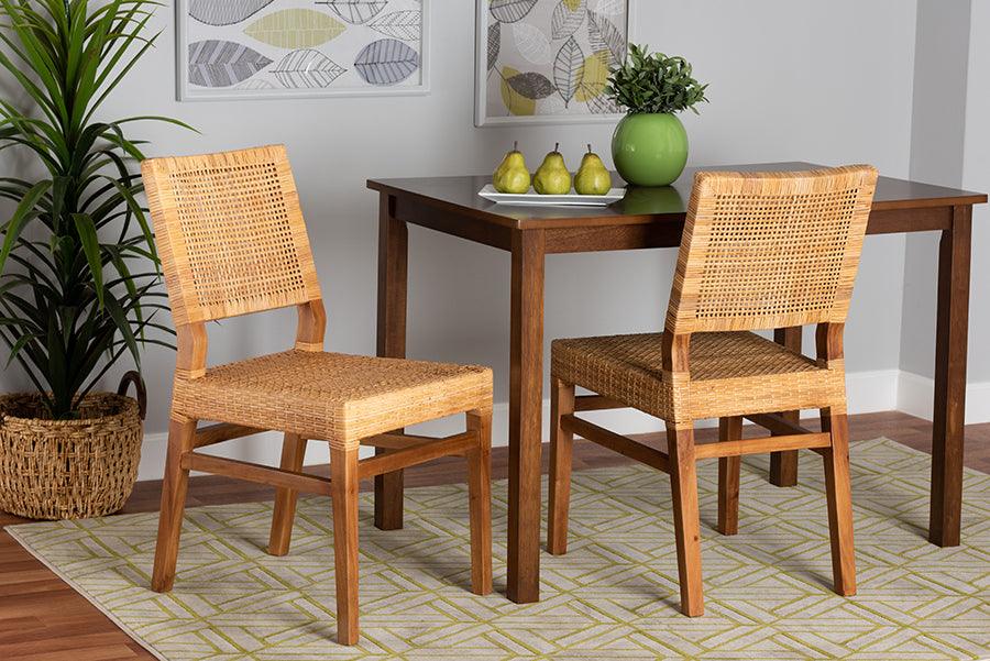 Wholesale Interiors Dining Chairs - Lesia Modern Bohemian Natural Brown Rattan and Walnut Brown Mahogany Wood 2-Piece Dining Chair Set