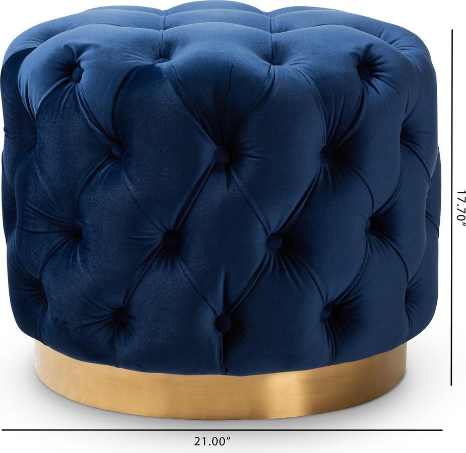 Wholesale Interiors Ottomans & Stools - Valeria Glam Royal Blue Velvet Fabric Upholstered Gold-Finished Button Tufted Ottoman