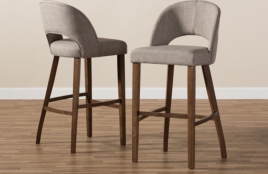 Wholesale Interiors Barstools - Melrose Mid-Century Modern Grey Fabric Upholstered Walnut Wood Bar Stool (Set of 2)