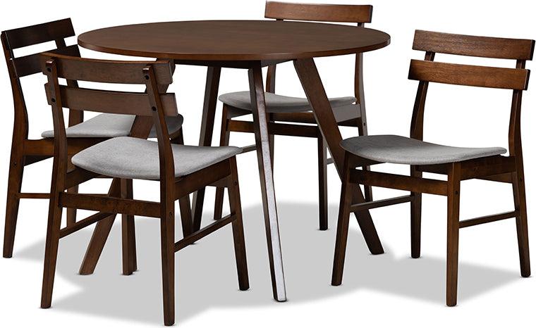 Wholesale Interiors Dining Sets - Eiko Light Grey Fabric Upholstered and Walnut Brown Finished Wood 5-Piece Dining Set