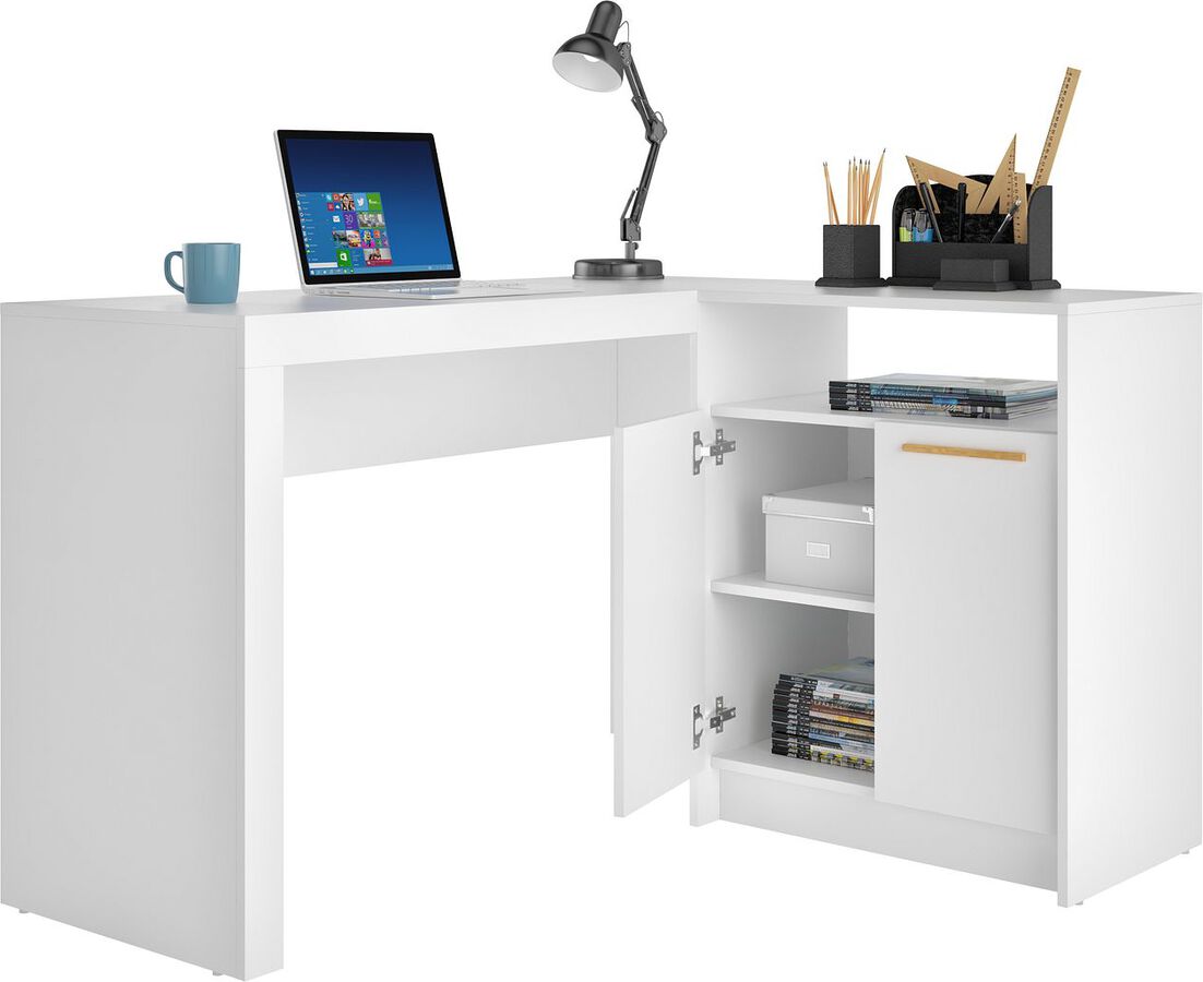 Manhattan Comfort Desks - Kalmar L -Shaped Office Desk with Inclusive Cabinet in White