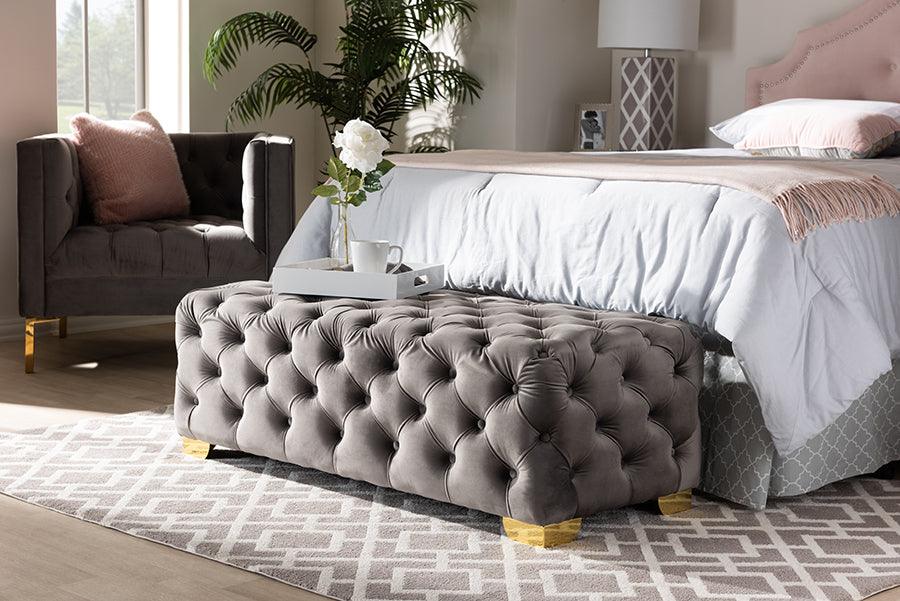 Wholesale Interiors Ottomans & Stools - Avara Glam- Luxe Gray Velvet Fabric Upholstered Gold Finished Bench Ottoman