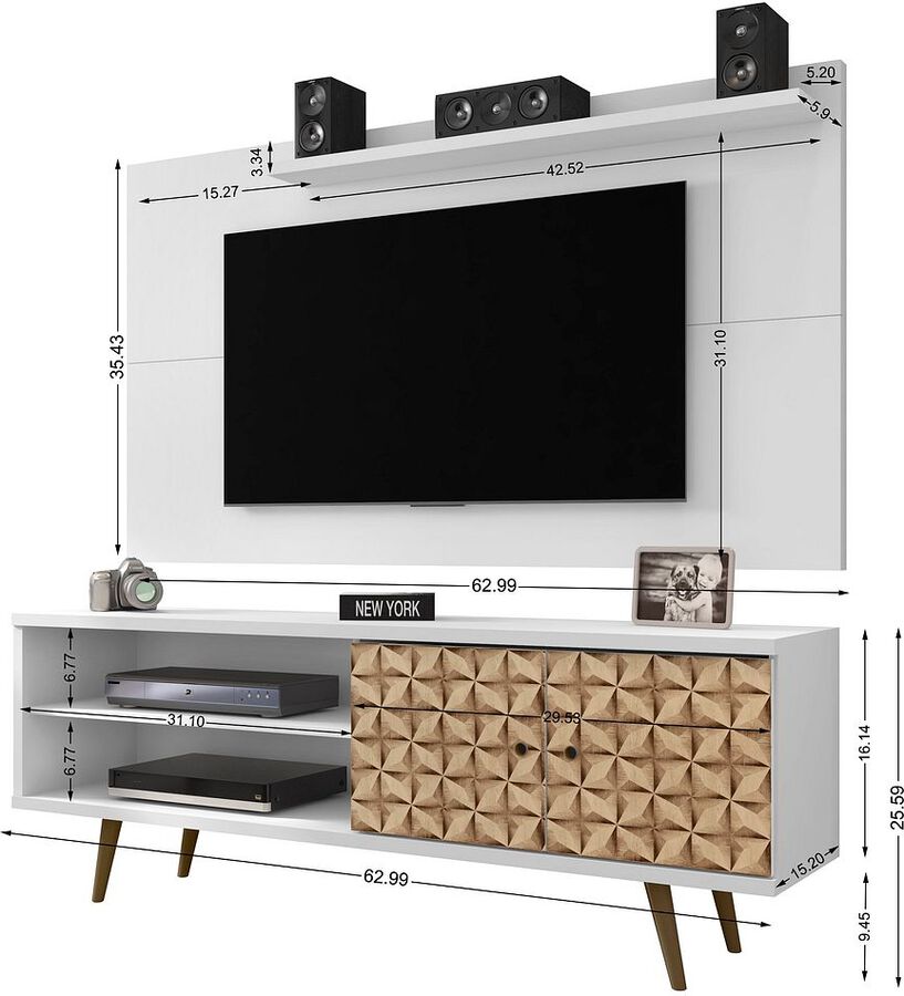 Manhattan Comfort TV & Media Units - Liberty 62.99 Mid-Century Modern TV Stand & Panel with Solid Wood Legs in White & 3D Brown Prints