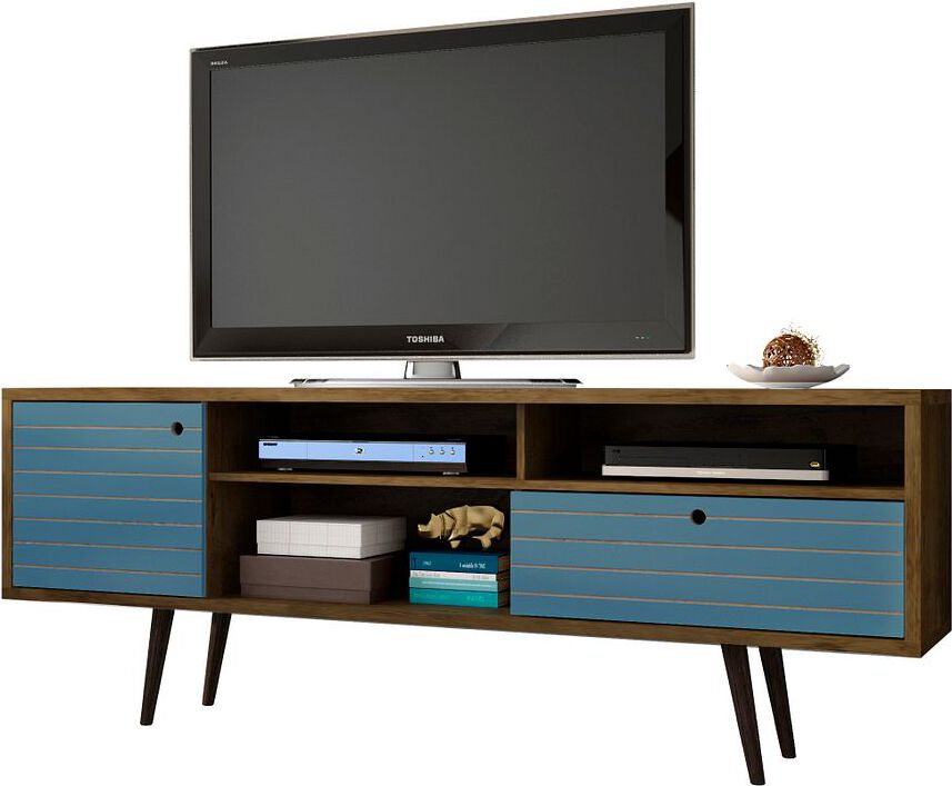 Manhattan Comfort TV & Media Units - Liberty 70.86" Mid-Century - Modern TV St& Rustic Brown & Aqua Blue