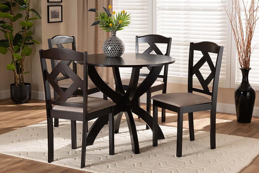 Wholesale Interiors Dining Sets - Quinlan Sand Fabric Upholstered and Dark Brown Finished Wood 5-Piece Dining Set