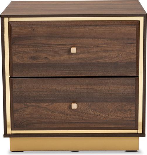 Wholesale Interiors Nightstands & Side Tables - Cormac Mid-Century Modern Transitional Brown Wood and Gold Metal 2-Drawer Nightstand