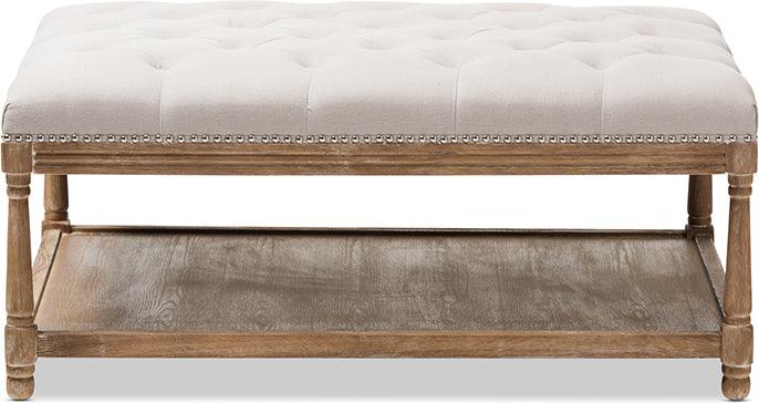 Wholesale Interiors Ottomans & Stools - Carlotta French Country Weathered Oak Beige Linen Rectangular Coffee Table Ottoman