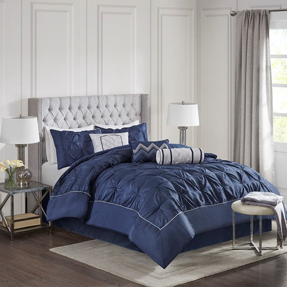 Olliix.com Comforters & Blankets - 7 Piece Tufted Comforter Set Navy King