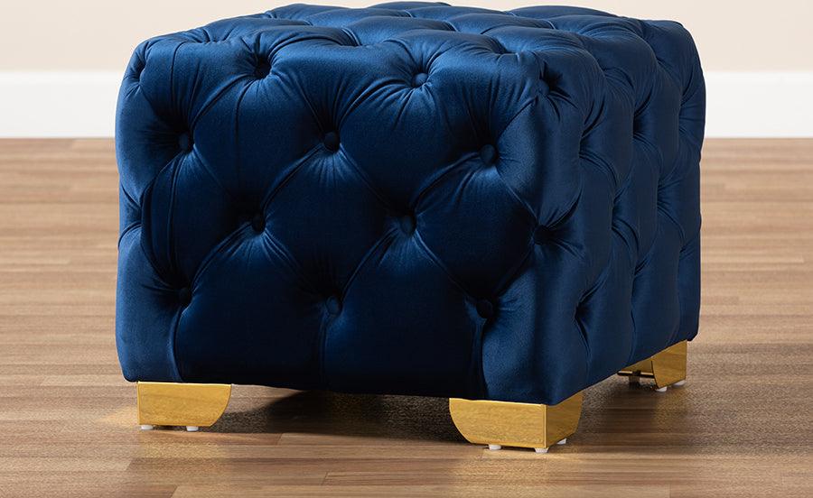 Wholesale Interiors Ottomans & Stools - Avara Royal Blue Velvet Fabric Upholstered Gold Finished Button Tufted Ottoman