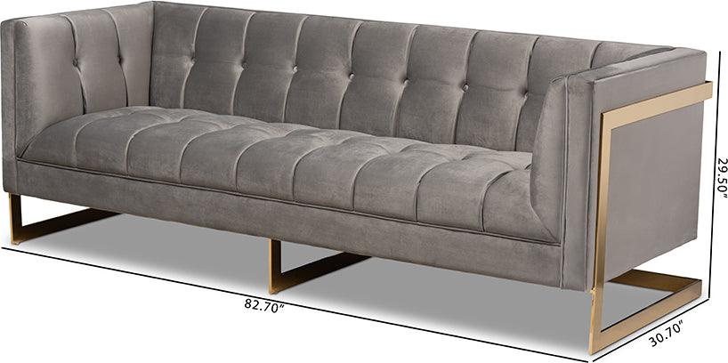 Ambra Glam and Luxe Grey Velvet Button Tufted Sofa with Gold-Tone Frame