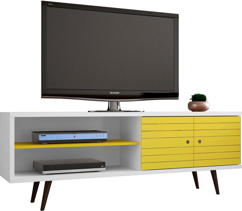 Manhattan Comfort TV & Media Units - Liberty 62.99 Mid-Century Modern TV Stand & Panel with Solid Wood Legs in White & Yellow