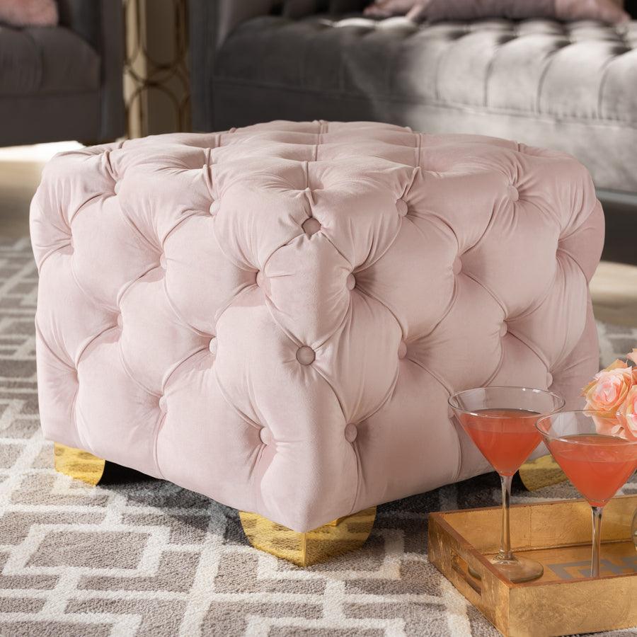 Wholesale Interiors Ottomans & Stools - Avara Glam Light Pink Velvet Fabric Upholstered Gold Finished Button Tufted Ottoman