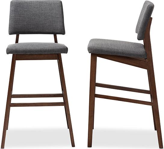 Wholesale Interiors Barstools - Colton Mid-Century Modern Gray Fabric Upholstered and Walnut Wood Bar Stool Set of 2