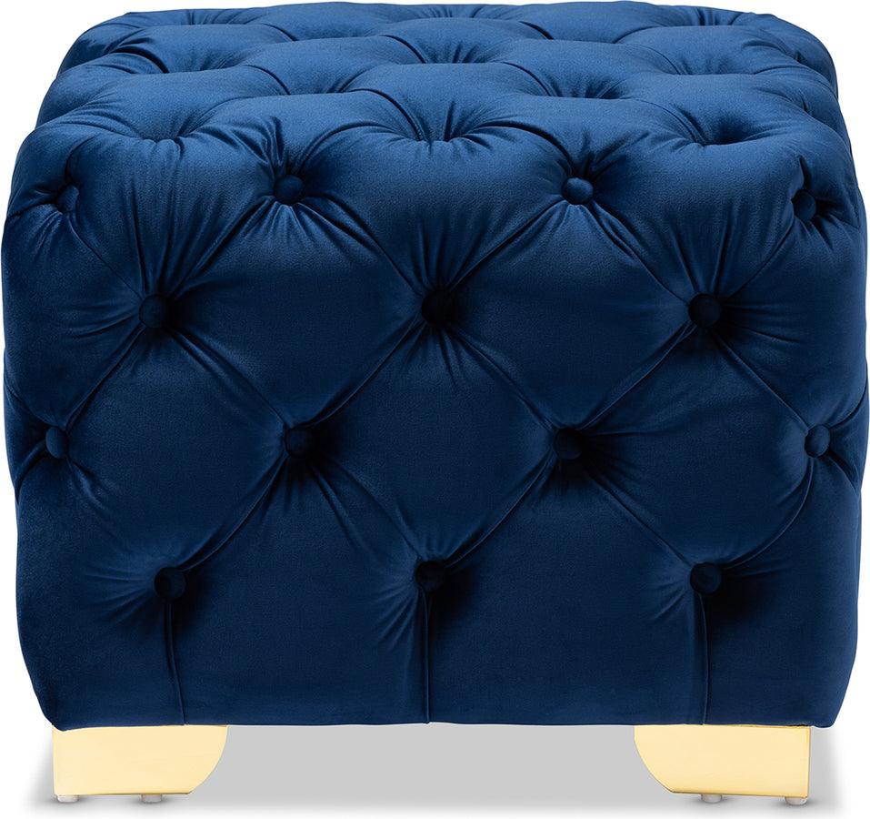 Wholesale Interiors Ottomans & Stools - Avara Royal Blue Velvet Fabric Upholstered Gold Finished Button Tufted Ottoman