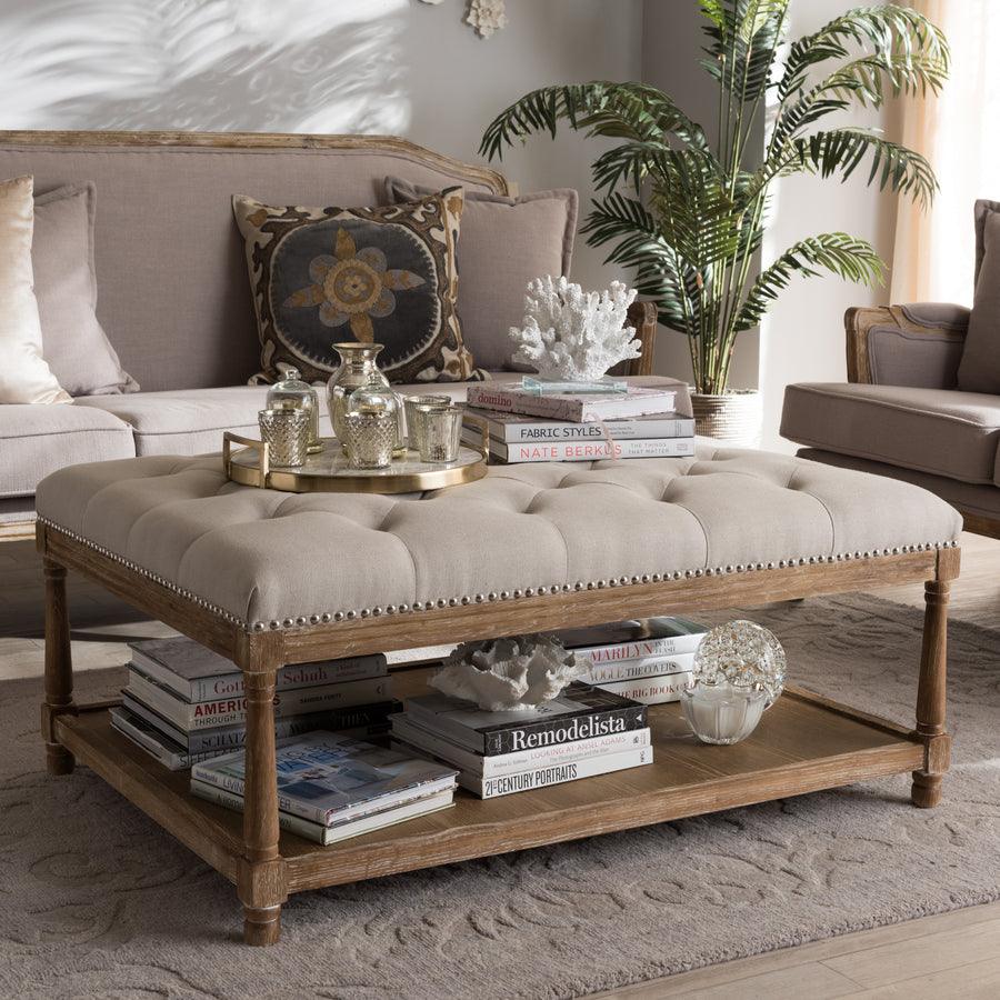 Wholesale Interiors Ottomans & Stools - Carlotta French Country Weathered Oak Beige Linen Rectangular Coffee Table Ottoman