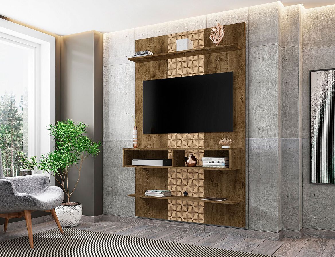 Manhattan Comfort TV & Media Units - Libra Long Floating 45.35 Wall Entertainment Center with Overhead Shelf in Rustic Brown & 3D