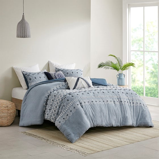 Olliix.com Duvet & Duvet Sets - Organic Cotton Chambray 3 Piece Duvet Cover Set Blue Cal King