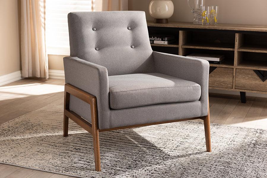 Wholesale Interiors Accent Chairs - Perris Mid-Century Modern Gray Fabric Upholstered Walnut Wood Lounge Chair