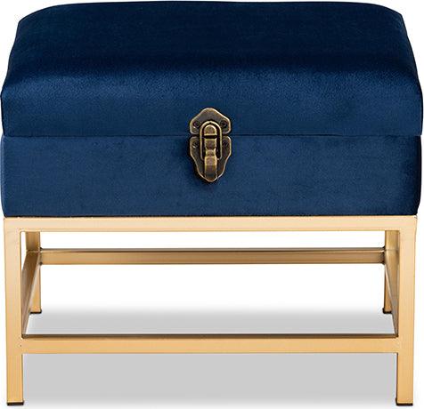 Wholesale Interiors Ottomans & Stools - Aliana Navy Blue Velvet Fabric Upholstered and Gold Finished Metal Small Storage Ottoman