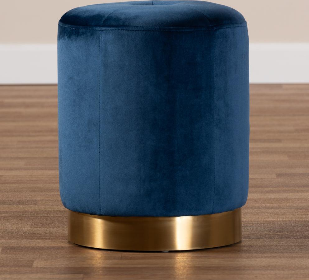 Wholesale Interiors Ottomans & Stools - Alonza Glam Navy Blue Velvet Fabric Upholstered Gold-Finished Ottoman