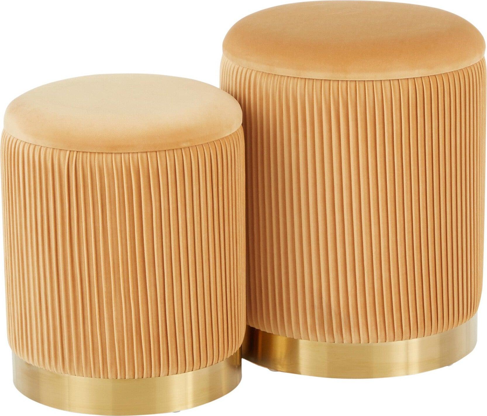 Lumisource Ottomans & Stools - Marla Contemporary Nesting Pleated Ottoman Set Gold Metal & Orange Velvet