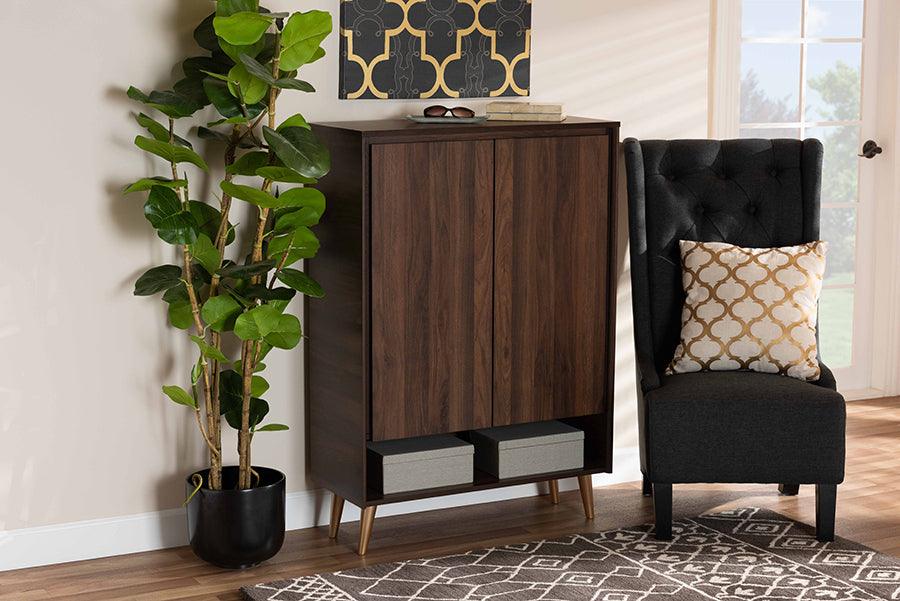 Wholesale Interiors Shoe Storage - Landen Mid-Century Modern Brown and Gold Wood 2-Door Entryway Shoe storage Cabinet