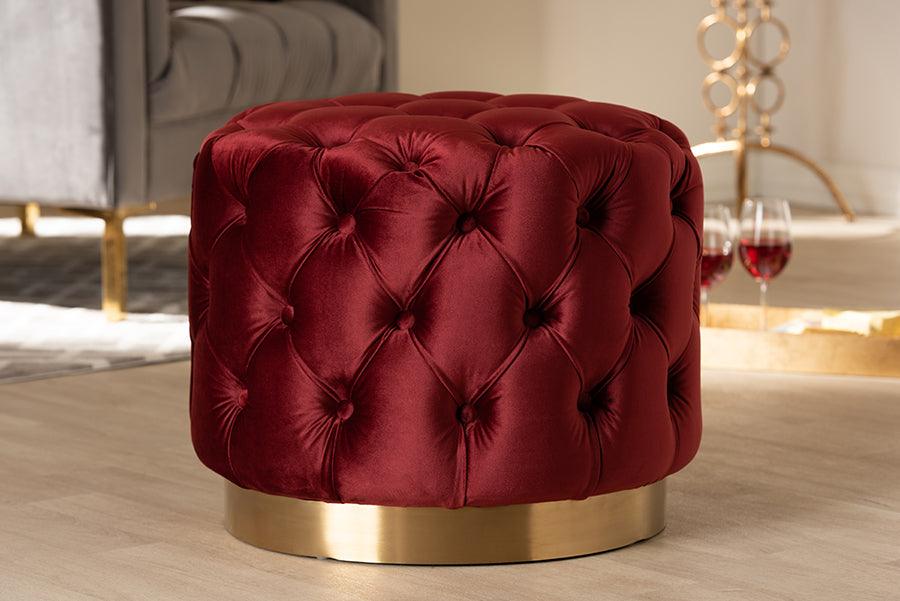 Wholesale Interiors Ottomans & Stools - Valeria Glam Burgundy Red Velvet Gold-Finished Button Tufted Ottoman