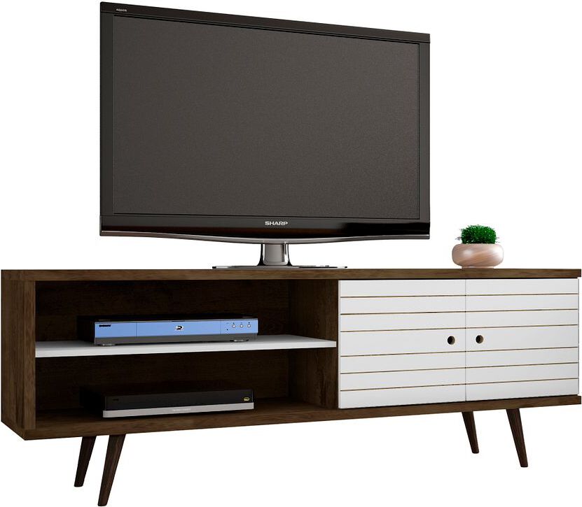 Manhattan Comfort TV & Media Units - Liberty 62.99 Mid-Century Modern TV Stand & Panel with Solid Wood Legs in Rustic Brown & White