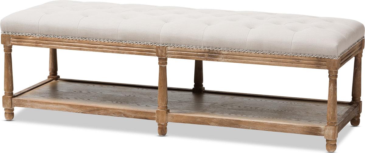 Wholesale Interiors Benches - Celeste French Country Weathered Oak Beige Linen Upholstered Ottoman Bench