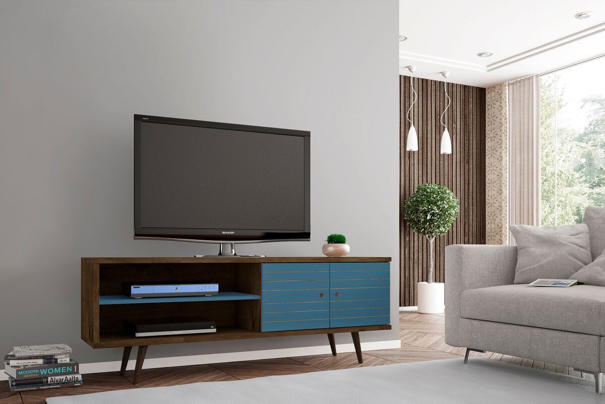 Manhattan Comfort TV & Media Units - Liberty 62.99" Mid-Century - Modern TV St& Rustic Brown & Aqua Blue