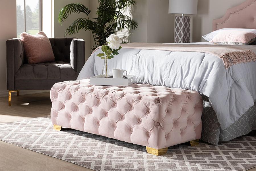 Wholesale Interiors Ottomans & Stools - Avara Light Pink Velvet Gold Finished Button Tufted Bench Ottoman