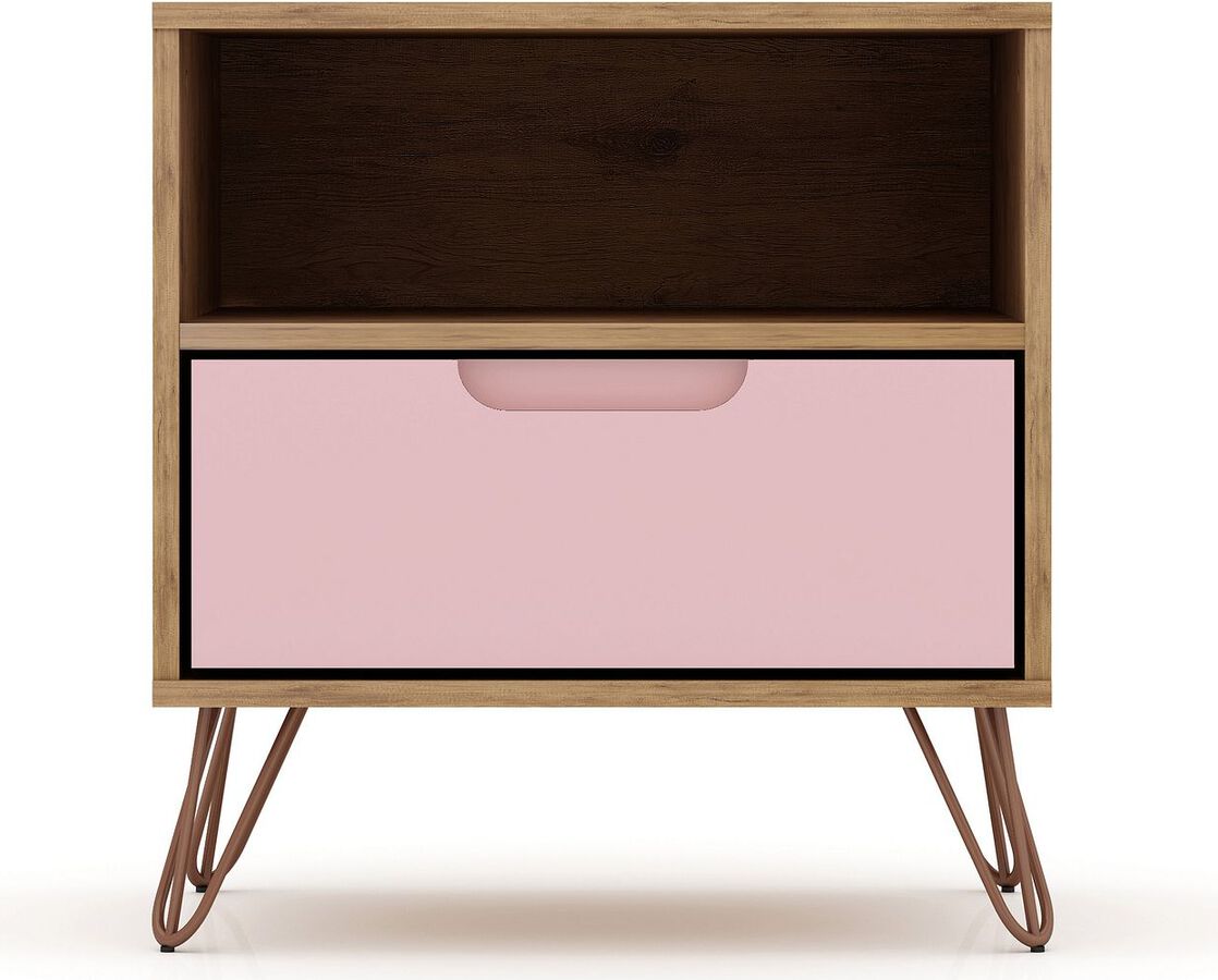 Manhattan Comfort Nightstands & Side Tables - Rockefeller 1-Drawer Nature and Rose Pink Nightstand (Set of 2)