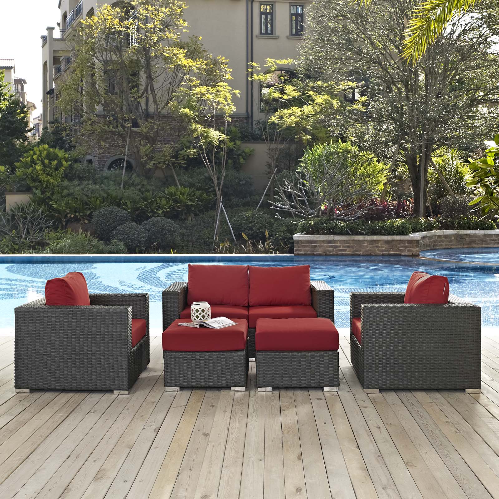 Modway Outdoor Conversation Sets - Sojourn 5 Piece Outdoor Patio Sectional Set Canvas Red