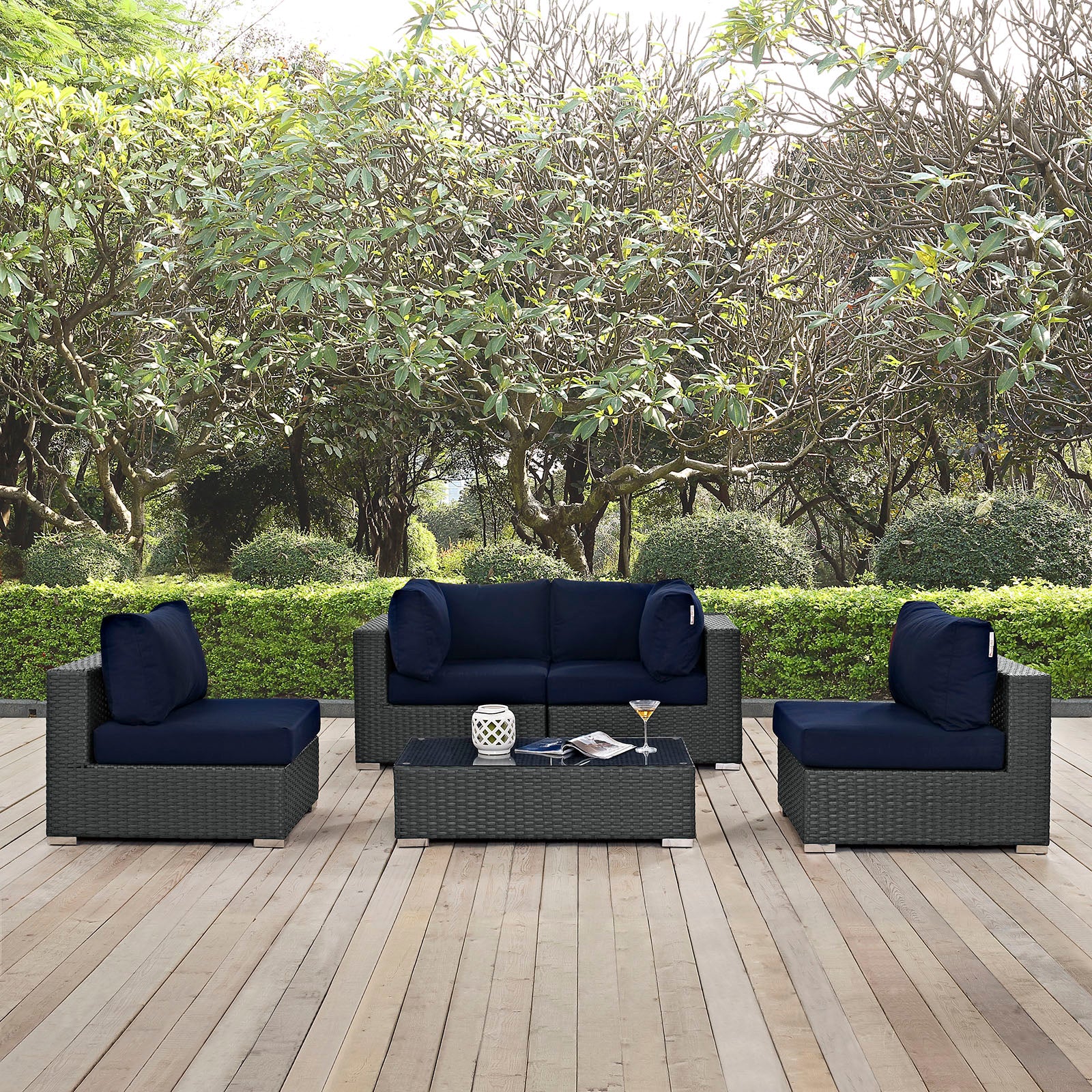 Modway Outdoor Conversation Sets - Sojourn 5 Piece Outdoor Patio Sunbrella Sectional Set Navy