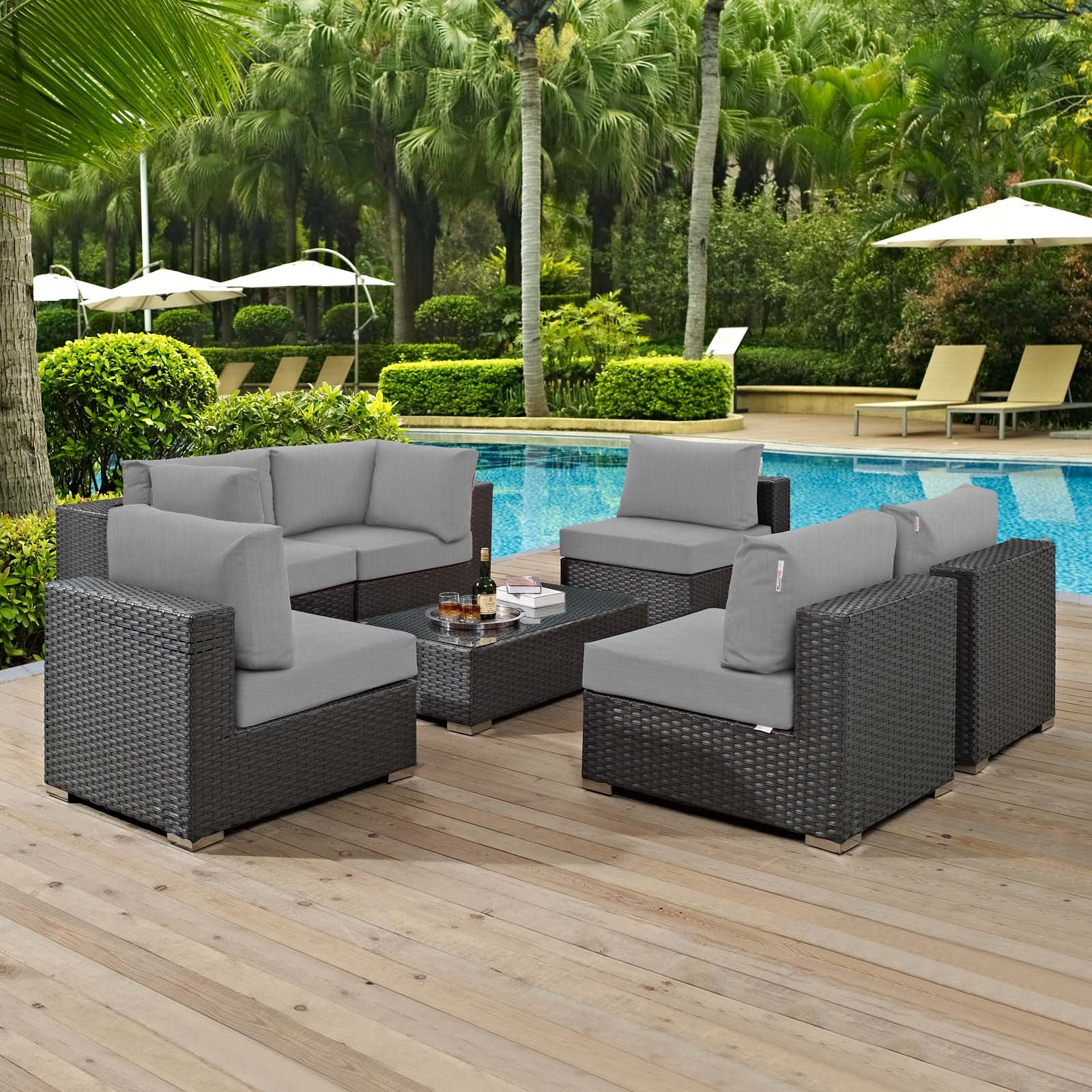 Modway Outdoor Conversation Sets - Sojourn 7 Piece Outdoor Patio Sunbrella Sectional Set Gray