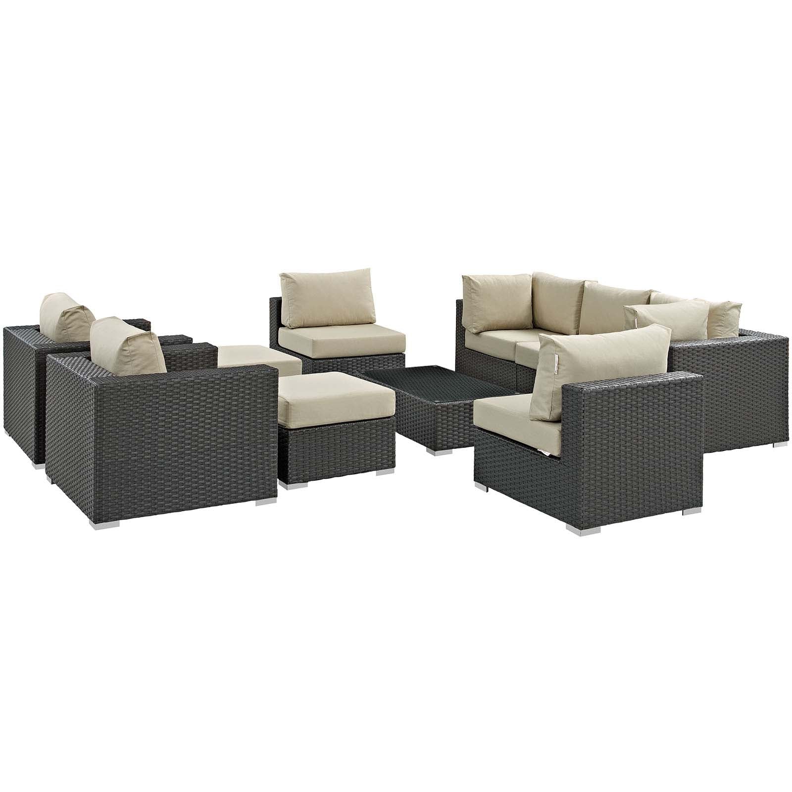 Modway Outdoor Conversation Sets - Sojourn 10 Piece Outdoor Patio Sunbrella Sectional Set Antique Beige