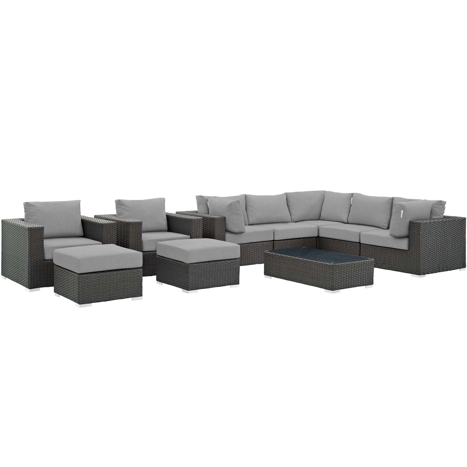 Modway Outdoor Conversation Sets - Sojourn 10 Piece Outdoor Patio Sunbrella Sectional Set Gray