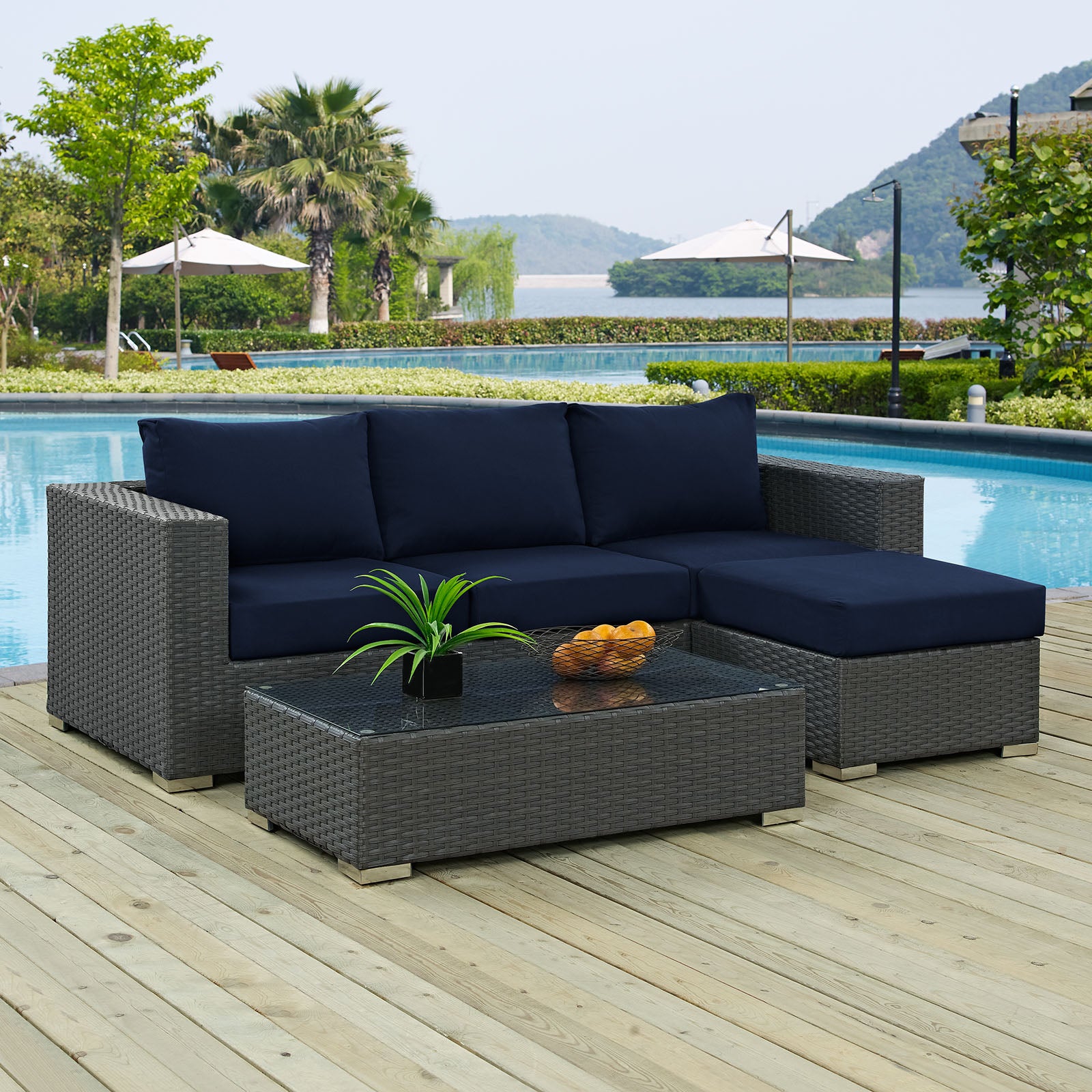 Sojourn 3 Piece Outdoor Patio Sunbrella Sectional Set Navy