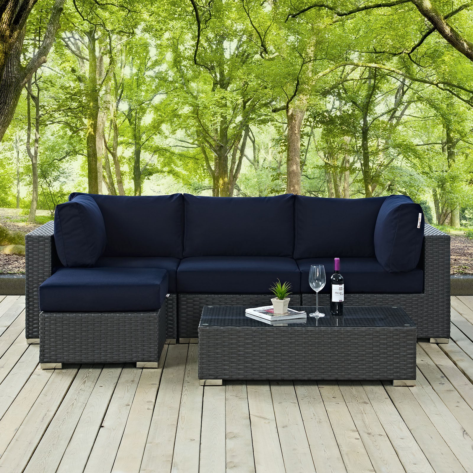 Modway Outdoor Conversation Sets - Sojourn 5 Piece Outdoor Patio Sectional Set Navy