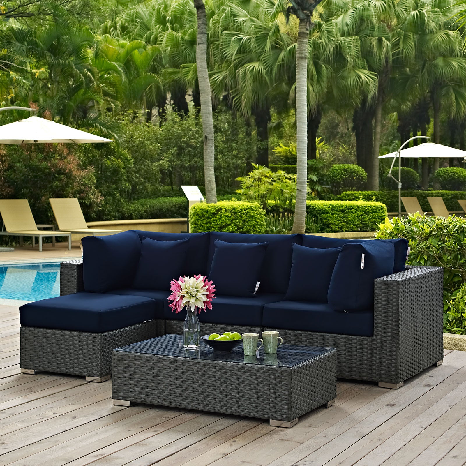 Modway Outdoor Conversation Sets - Sojourn 5 Piece Outdoor Patio Sectional Set Navy