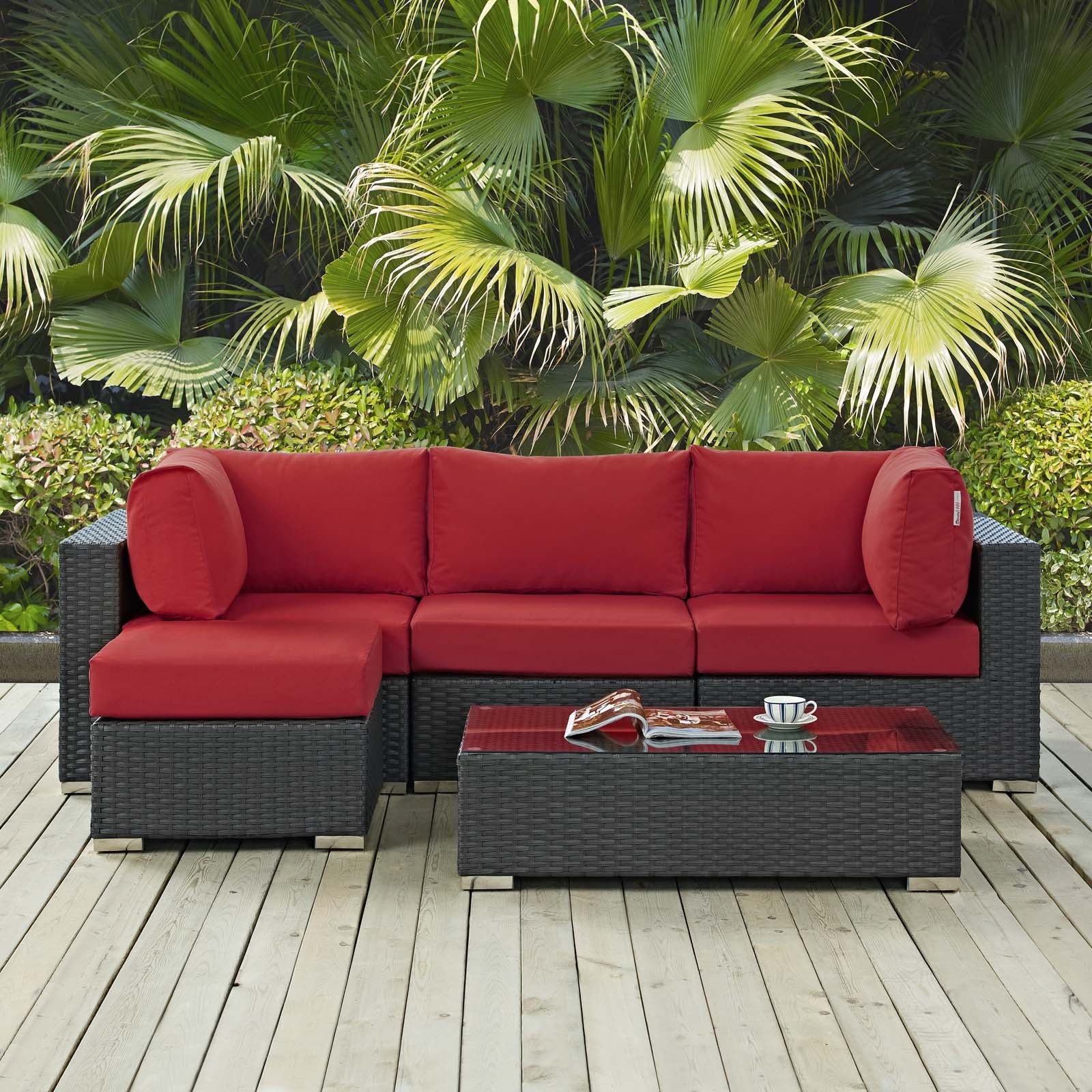 Modway Outdoor Conversation Sets - Sojourn 5 Piece Outdoor Sunbrella Sectional Set Canvas Red