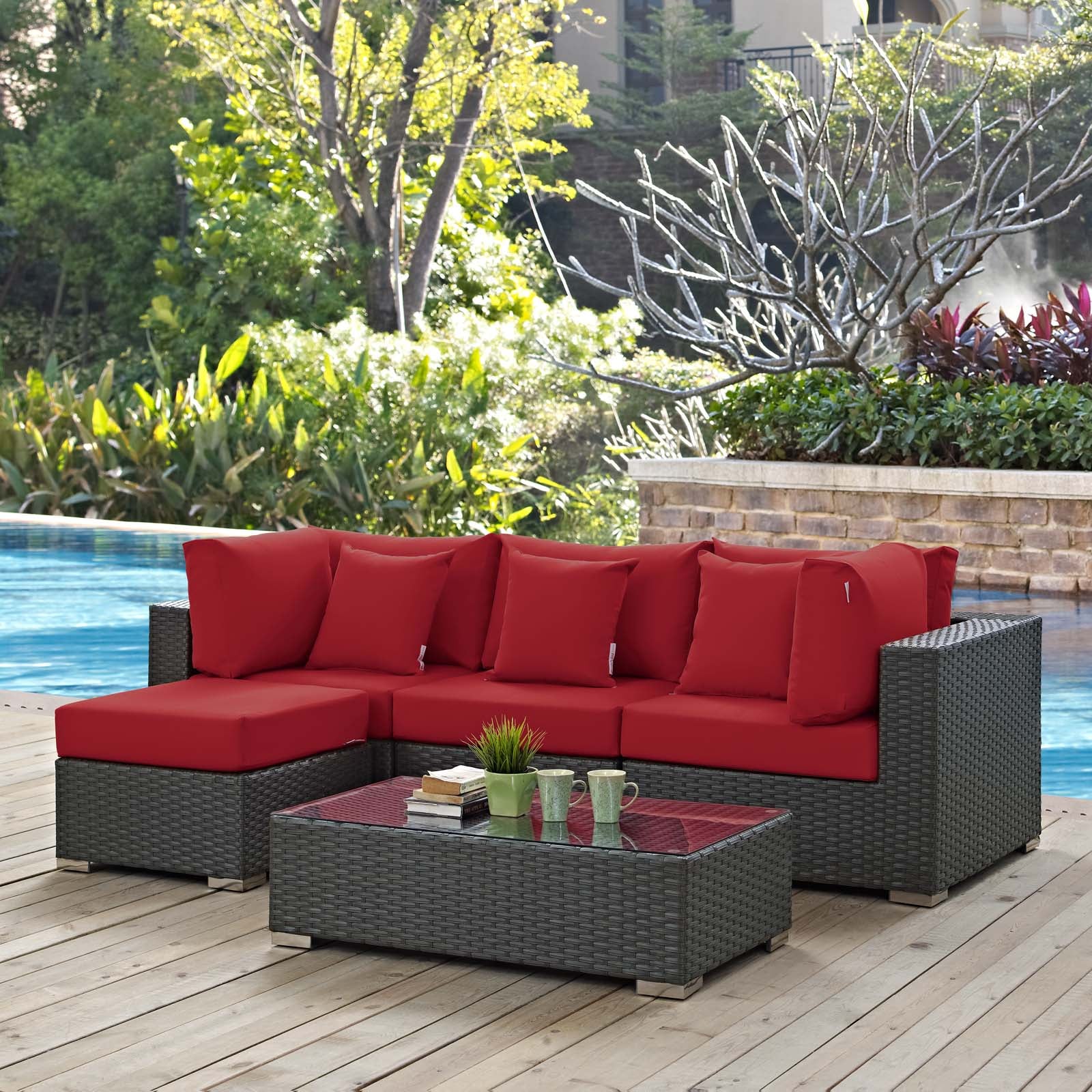 Modway Outdoor Conversation Sets - Sojourn 5 Piece Outdoor Sunbrella Sectional Set Canvas Red