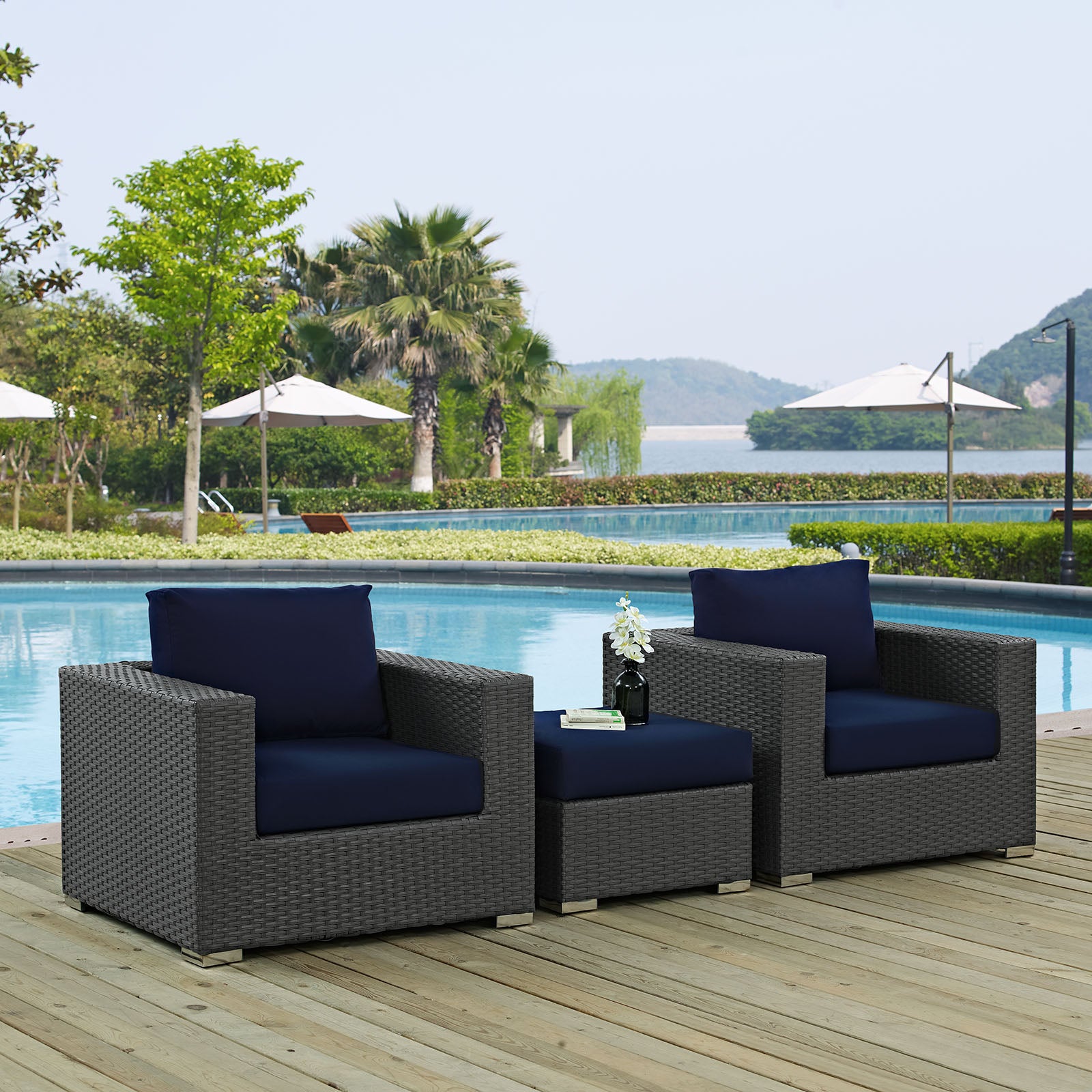 Modway Outdoor Conversation Sets - Sojourn 3 Piece Outdoor Patio Sunbrella Sectional Set Canvas Navy