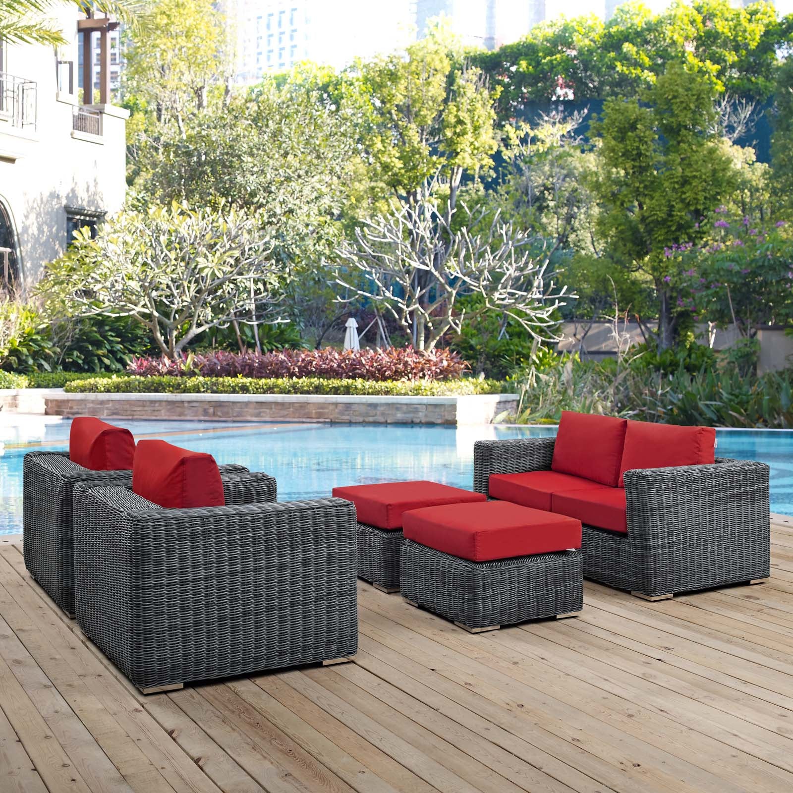 Modway Outdoor Conversation Sets - Summon 5 Piece Outdoor Patio Sectional Set Canvas Red