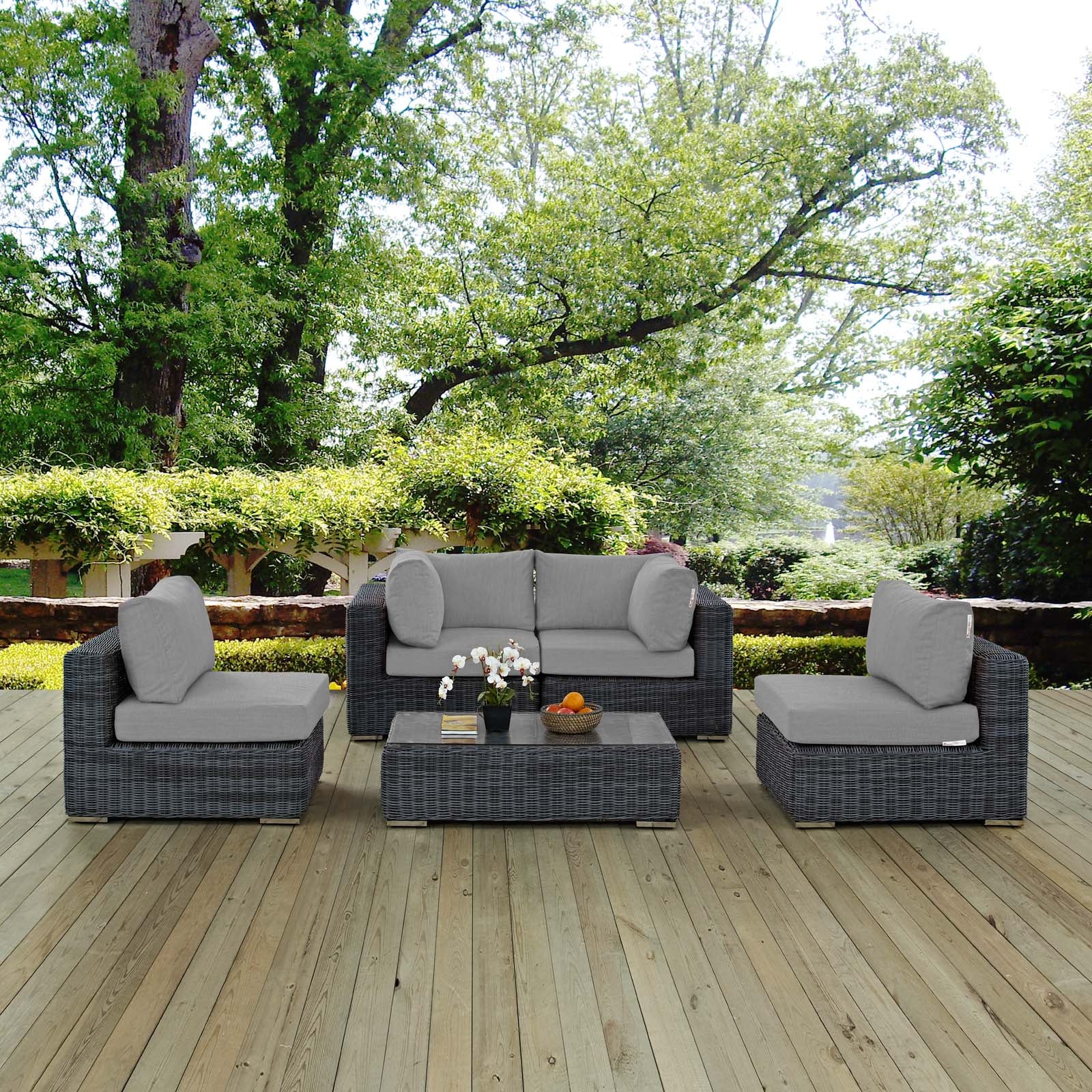 Modway Outdoor Conversation Sets - Summon 5 Piece Outdoor Patio Sectional Set Canvas Gray