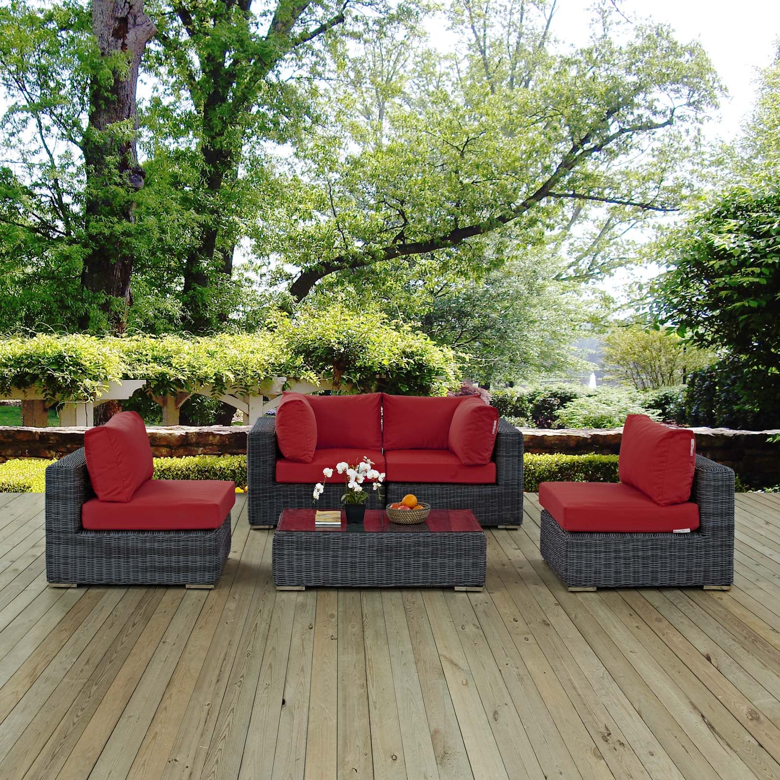 Modway Outdoor Conversation Sets - Summon 5 Piece Outdoor Patio Sunbrella Sectional Set Red