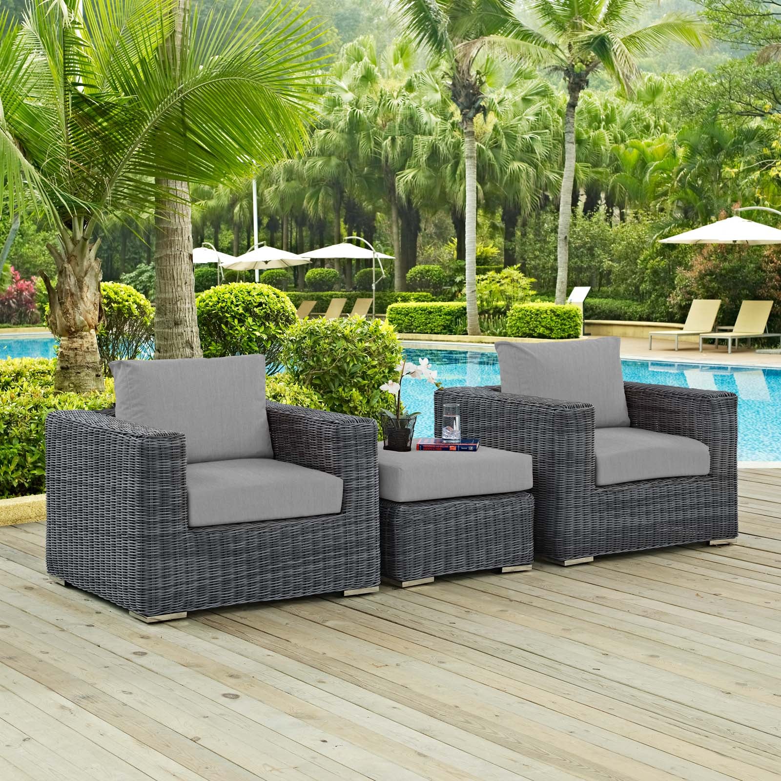 Modway Outdoor Conversation Sets - Summon 3 Piece Outdoor Patio Sunbrella Sectional Set Canvas Gray