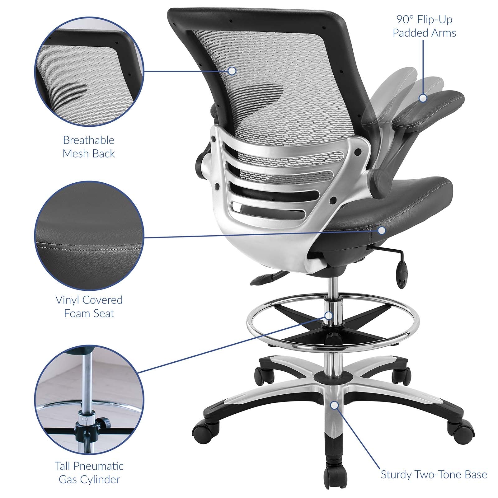 Gray Ergonomic Office Drafting Chair with Mesh Seat