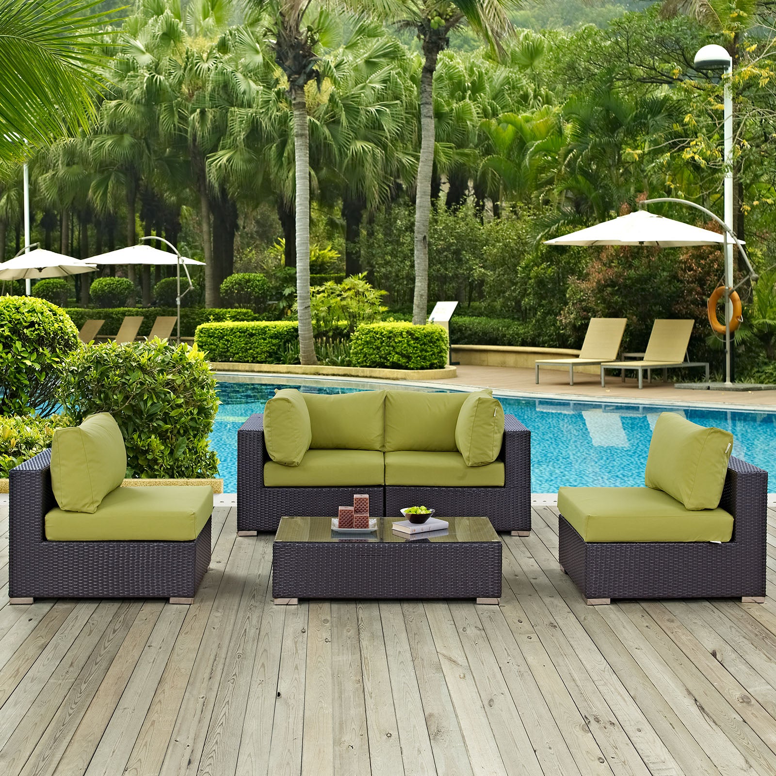 Modway Outdoor Conversation Sets - Convene 5 Piece Outdoor 134" Sectional Set Espresso Peridot